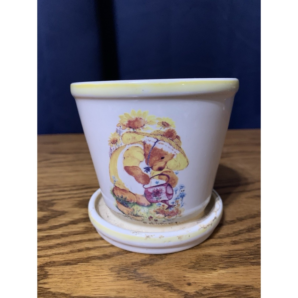 Vintage Mary Hamilton Teddy Bear Planter Flower Pot Watering Can